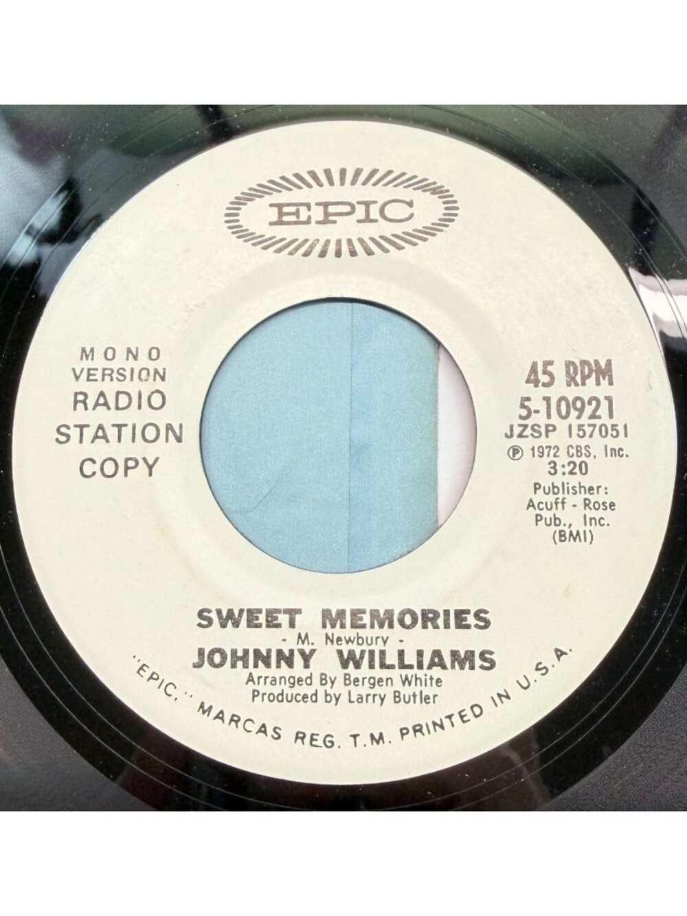 Johnny Williams Sweet Memories 45 Vinyl 70s Country Promo Mono Stereo Epic